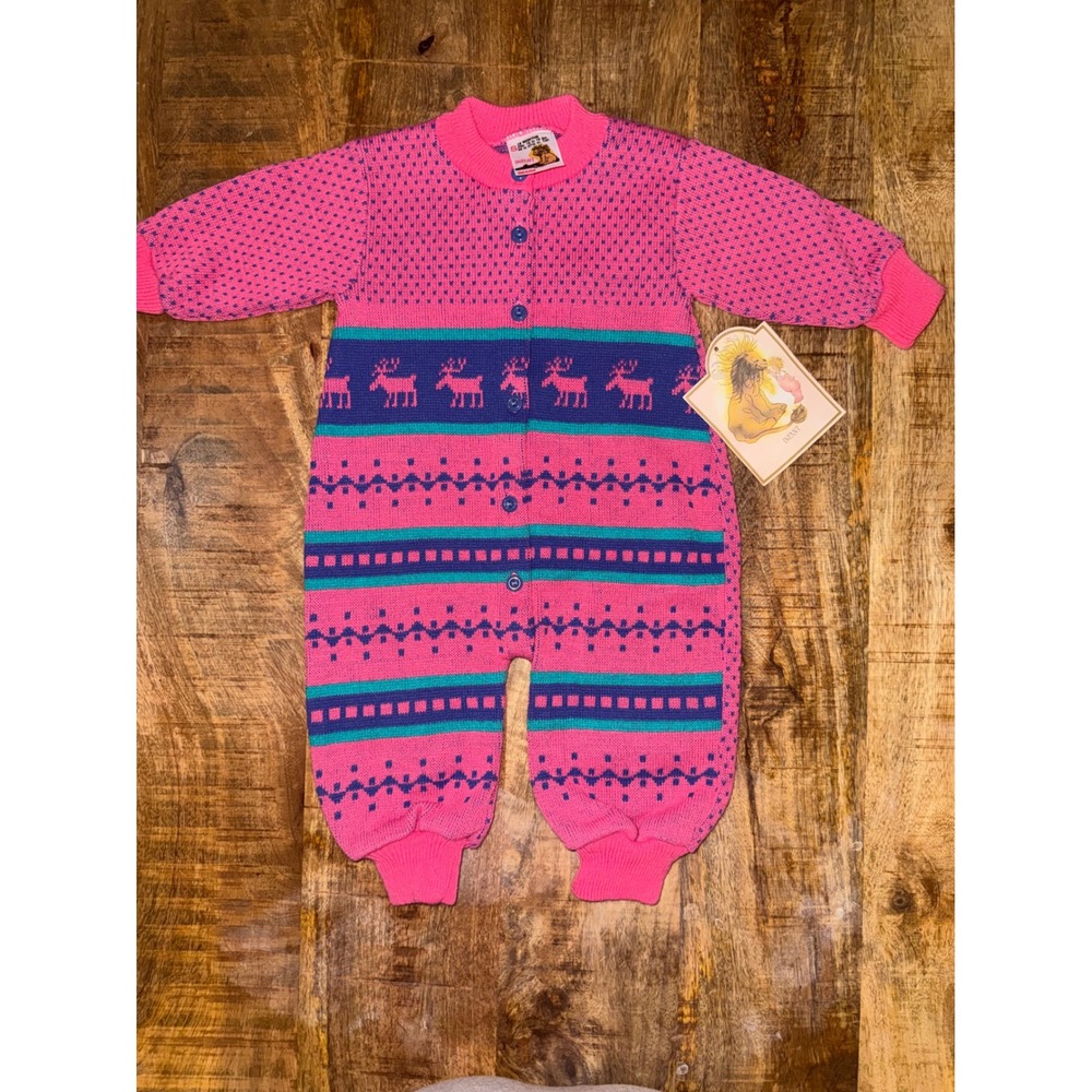 Vintage Sears Infant Pink Reindeer Knit Coverall 12 Months New With Tags 69268